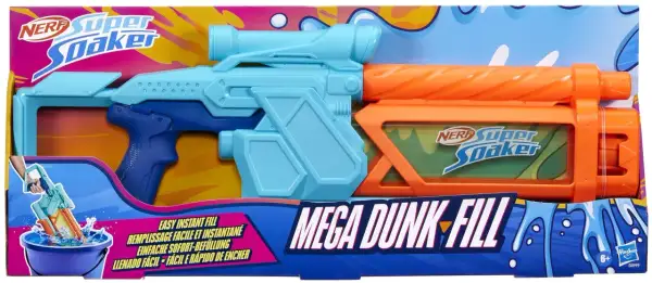 Duży Nerf Super Soaker Mega Dunk-Fill w jaskrawych kolorach, gotowy do wodnych bitew.