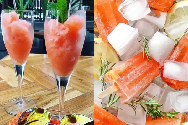 Erfrischendes Aperol Eis in Gläsern und als Eis am Stiel, umgeben von Eiswürfeln, Zitrone und Rosmarin. Perfekt für heiße Tage.