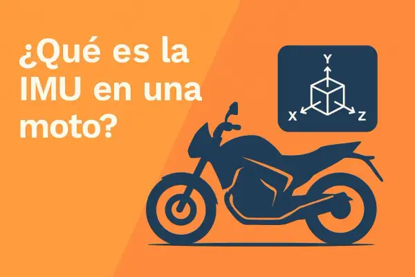 Silueta de una moto con un diagrama de ejes X, Y, Z. La pregunta "¿Qué es la IMU en una moto?" se muestra en texto blanco.