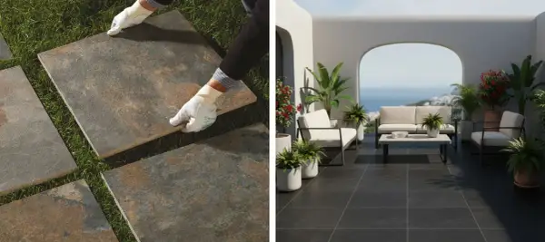 Pose de dalles grès cérame pleine masse sur une pelouse et sur une terrasse moderne avec vue mer.