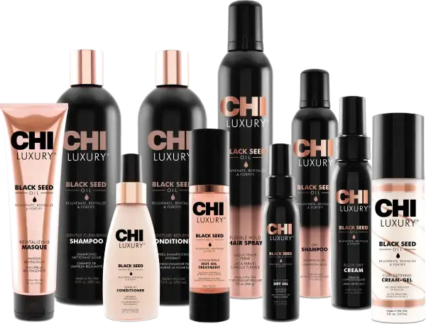 Linia kosmetyków CHI Luxury z olejkiem z czarnuszki na włosy: szampon, odżywka, maska, suchy olejek, suchy szampon, spray do włosów, krem do stylizacji i żel do loków.