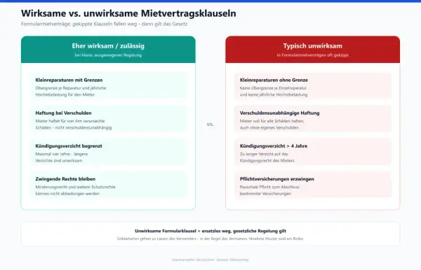 Gegenüberstellung wirksamer und unwirksamer Klauseln in Mietverträgen. Ein unbefristeter Mietvertrag mit klaren Regeln ist zulässig.