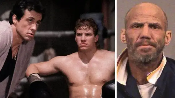 Sylvester Stallone och en ung boxare, kanske Tommy Morrison, bredvid en mugshot av en äldre man.