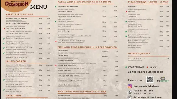 Menu z Czarnogóry: przystawki, makarony, pizza, ryby i owoce morza, mięso i drób, desery. Ceny w euro.