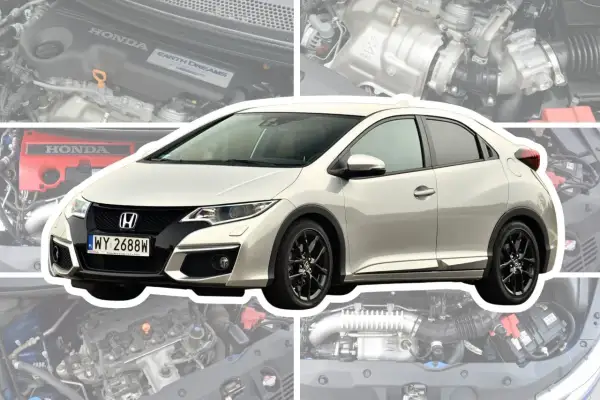 Srebrny Honda Civic 9 z czarnymi felgami i detalami, otoczony zdjęciami silnika.