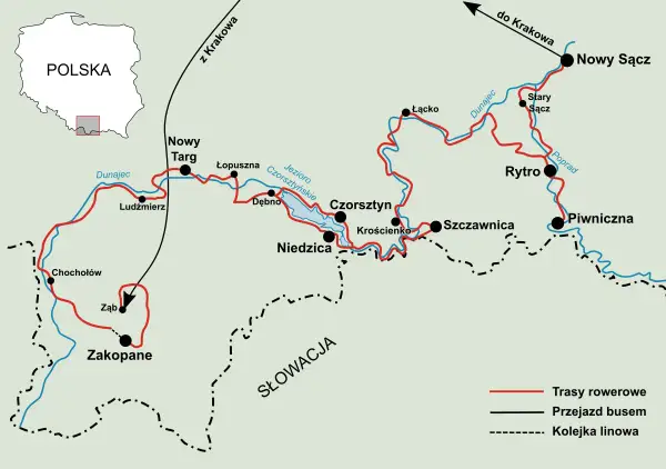 Mapa przedstawia velo dunajec trasa z Zakopanego przez Nowy Targ, Czorsztyn do Nowego Sącza.