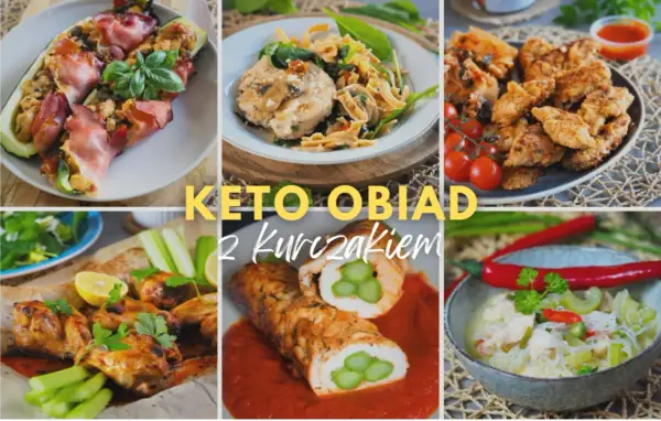 Kolaż zdjęć z daniami keto: faszerowana cukinia, kurczak z makaronem, panierowane kawałki kurczaka, skrzydełka, rolada z kurczaka ze szparagami i zupa.