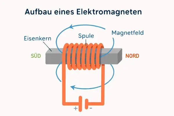 Aufbau eines Elektromagneten: Eisenkern mit Spule, Magnetfeld, Süd- und Nordpol. Ein einfacher Stromkreis erzeugt das Magnetfeld.