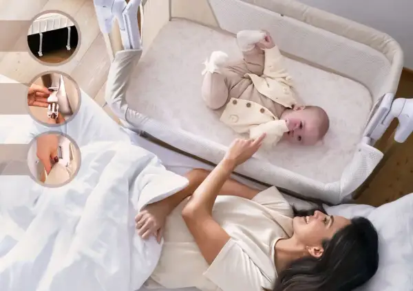 Mama i dziecko w łóżeczku. Kołyska automatyczna ułatwia opiekę, mocowana do łóżka rodziców.