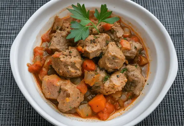 Sabroso estofado de carne de cerdo con tomate de la abuela, trozos tiernos de carne en una salsa casera con cebolla y perejil.