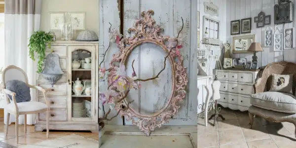 Uroczy salon w stylu shabby chic: biała komoda, ozdobna rama, krzesło z wikliny i stylowe dodatki tworzą przytulną atmosferę.