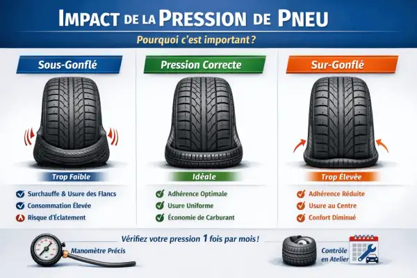 Illustration montrant les dangers d'un pneu sous-gonflé, sur-gonflé ou à pression correcte. Évitez les pneus qui causent surchauffe et usure des flancs.