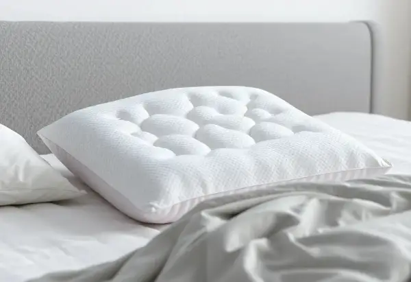 A white pillow with a textured surface rests on a bed, showing how a pillow should support you with its unique design for ultimate comfort.