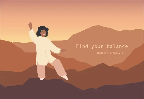 Donna pratica tai chi tra le montagne al tramonto, trovando il suo equilibrio per uno stile di vita sano.