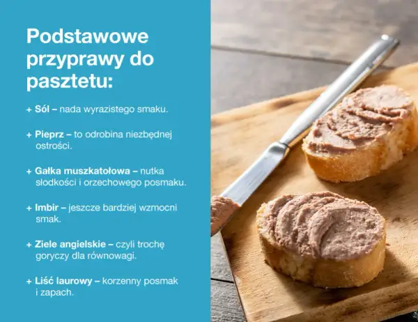Kromki chleba z pasztetem i nożem na desce.