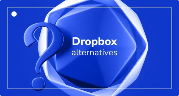 A large blue question mark hovers over a stylized, abstract blue shape. Text reads "Dropbox alternatives.