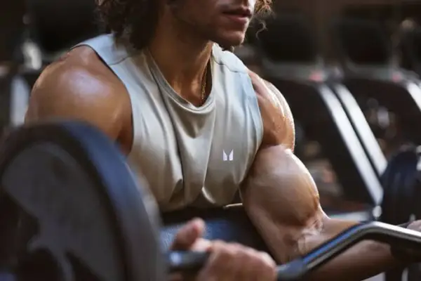 Mann im Fitnessstudio trainiert Bizeps, um dicke Arme zu bekommen.