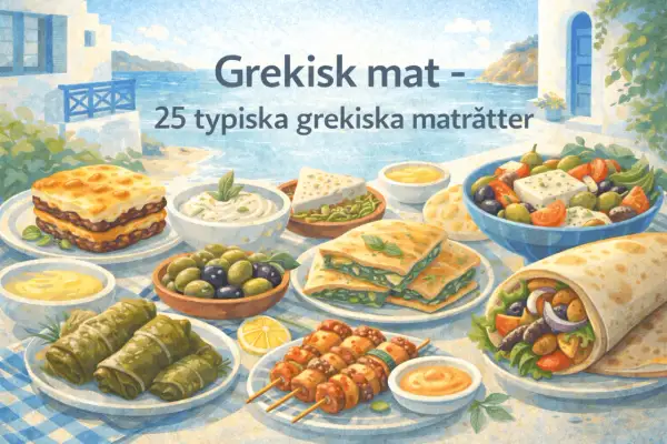 En festlig dukning med grekisk mat: moussaka, tzatziki, oliver, dolmades, gyros och grekisk sallad.