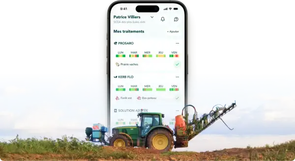 Aplikacja rolnicza na telefonie pokazuje plan zabiegów dla traktora John Deere z opryskiwaczem, np. PROSARO.