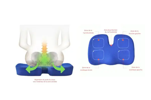 Coussin ergonomique pour soulager la névralgie pudendale. Répartit le poids pour protéger le nerf pudendal et les zones sensibles.