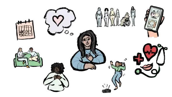 Der Megatrend Gesundheit: Menschen denken über Liebe nach, tanzen, treffen sich und kümmern sich um ihr Wohlbefinden.