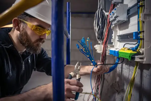 Elektryk w okularach ochronnych i kasku pracuje przy skrzynce z przewodami. Sprawdza, co daje sep g1, podłączając niebieskie kable.