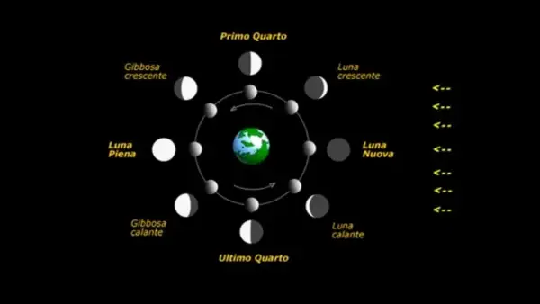 Le fasi lunari, dalla Luna Nuova alla Luna Piena, illustrano il ciclo e il suo significato simbolico.