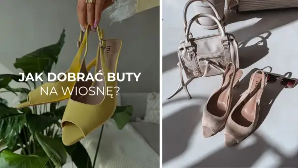 Jakie buty na wiosnę? Żółte szpilki i beżowe czółenka z torebką i okularami przeciwsłonecznymi.