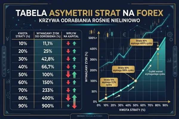 Tabela pokazuje, jak straty na forex wpływają na wymagany zysk do odrobienia. Kluczowe dla forex dla początkujących: 10% straty wymaga 11,1% zysku, 50% straty wymaga 100% zysku.