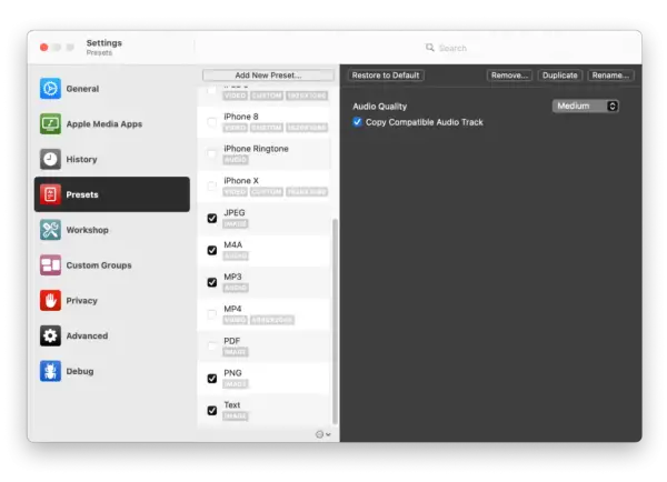 Macintosh settings showing presets, with MP3 audio selected and audio quality set to medium.