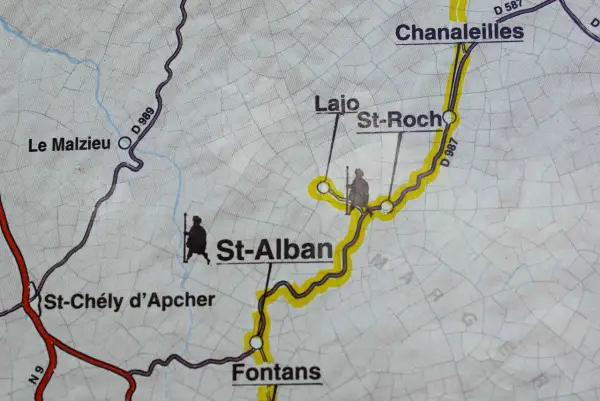 Carte du chemin de saint-jacques de compostelle 5 jours, montrant Le Malzieu, St-Alban, Fontans et Chanaleilles.