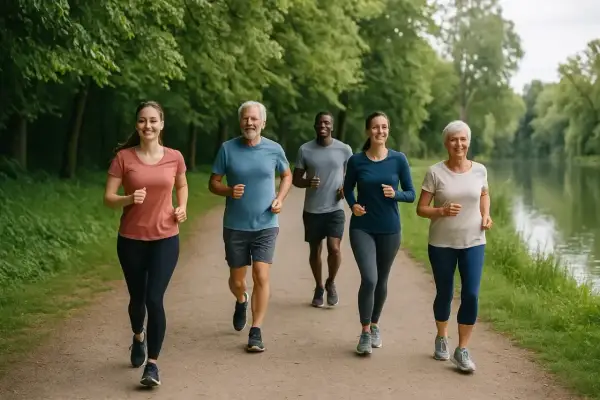 Grupa ludzi w różnym wieku cieszy się wspólnym joggingiem w parku. To świetny sposób na aktywność fizyczną i dbanie o zdrowie.