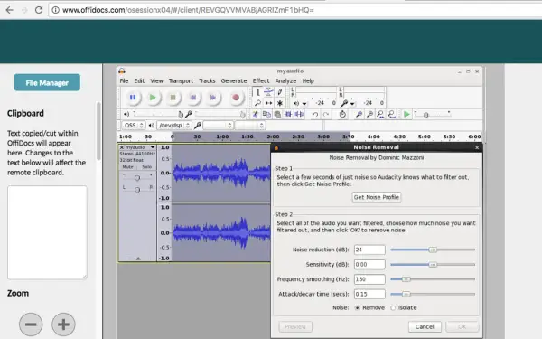Edytor dźwięku Audiacity z oknem usuwania szumów. Użytkownik konfiguruje parametry redukcji hałasu.