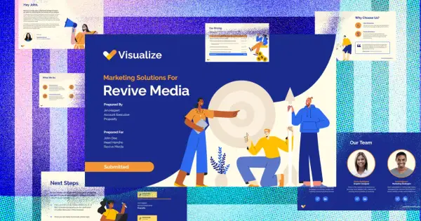 Proposal design ideas for Revive Media, showcasing marketing solutions, pricing, team expertise, and next steps.