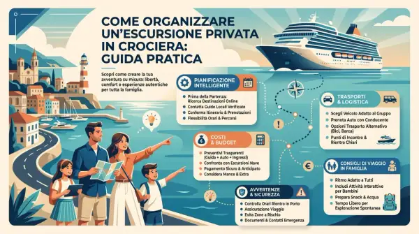 Guida pratica per organizzare un'escursione privata in crociera, con consigli su pianificazione, trasporti, costi e sicurezza. Utile per sapere come rintracciare una nave in navigazione.