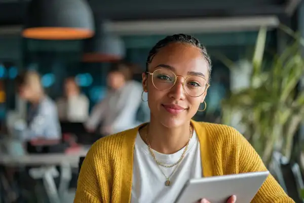 Junge Frau mit Brille und Tablet, die über ihr duales Studium IU und das Gehalt nachdenkt.