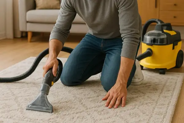 Mann kniet auf hellem Teppich und reinigt ihn mit einem Nass-/Trockensauger. Die Methode teppich trocken reinigen wird angewendet.
