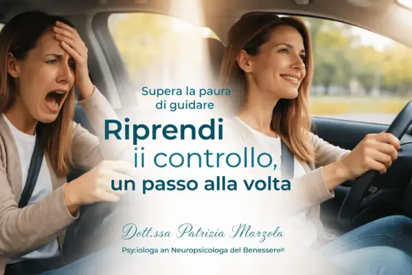 Donna con ansia alla guida, terrorizzata, contrapposta a una donna serena al volante. Supera la paura di guidare.