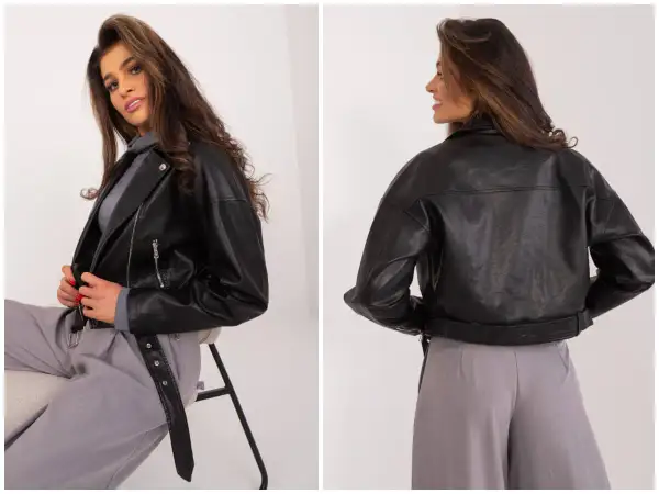 Stylowa ramoneska damska plus size w kolorze czarnym, z przodu i z tyłu. Idealna na co dzień.