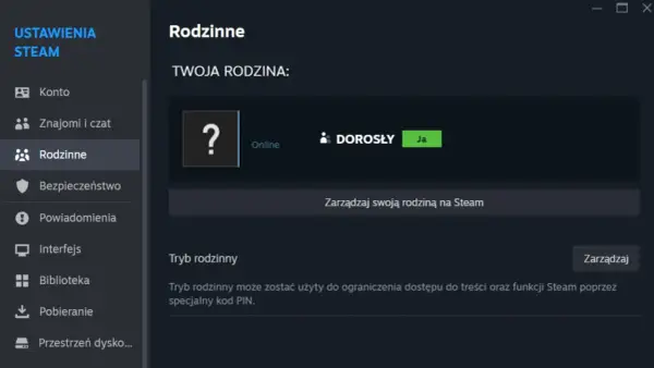 Ekran ustawień Steam z sekcją "Rodzinne", ikoną pytajnika i opcją "Dorosły: Ja".
