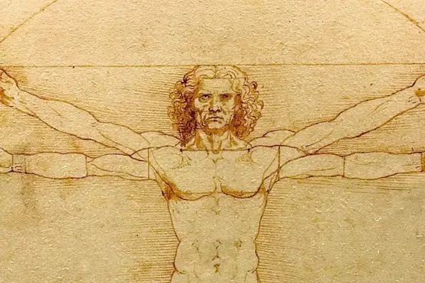 Człowiek witruwiański ciekawostki: rysunek Leonarda da Vinci ukazuje idealne proporcje ludzkiego ciała wpisane w okrąg i kwadrat.