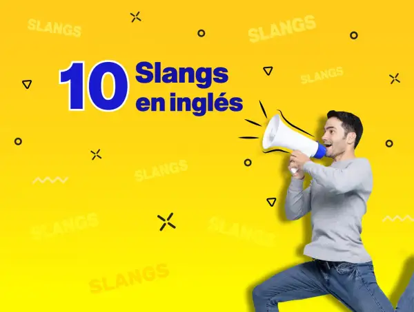 Hombre anunciando "10 Slangs en inglés" con megáfono. ¡Aprende el inglés más cool!