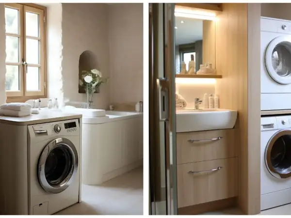 Une machine à laver dans une salle de bain moderne, à côté d'un lavabo et d'une baignoire. Une autre machine à laver est empilée sur une sécheuse.
