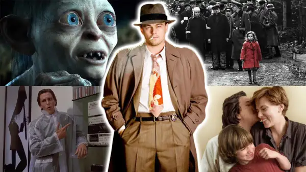 Collage av filmscener: Gollum, Leonardo DiCaprio som detektiv, en flicka i röd kappa under andra världskriget, och en familj. Dessa är exempel på verklighetsbaserade filmer.