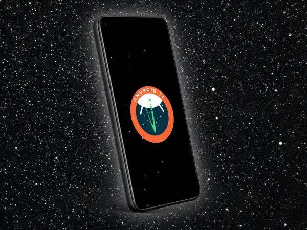 Teléfono con pantalla negra mostrando el logo de **Android 14** en un fondo estrellado.