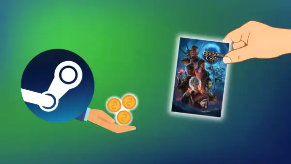 Dłoń trzyma okładkę gry "Baldur's Gate", obok logo Steam i monet.