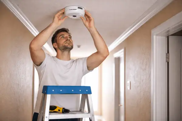 Un homme installe un détecteur de fumée au plafond, pensant à la durée de vie du détecteur de fumée pour sa sécurité.