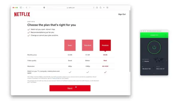 Wybór planu Netflix: Basic, Standard, Premium. Obok okno VPN z połączeniem do Ukrainy.