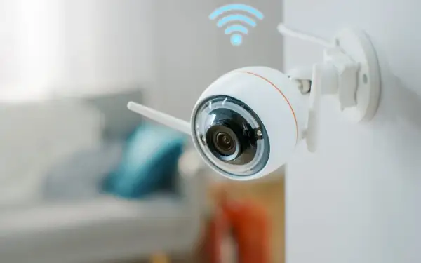Caméra de surveillance Wi-Fi blanche fixée au mur, avec un symbole Wi-Fi bleu au-dessus. Vous vous demandez pourquoi ma caméra ne se connecte pas en wifi ?