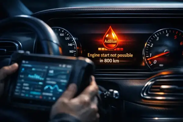 Wskaźnik AdBlue w Mercedesie pokazuje niski poziom, grożąc unieruchomieniem pojazdu. Diagnostyka w toku.